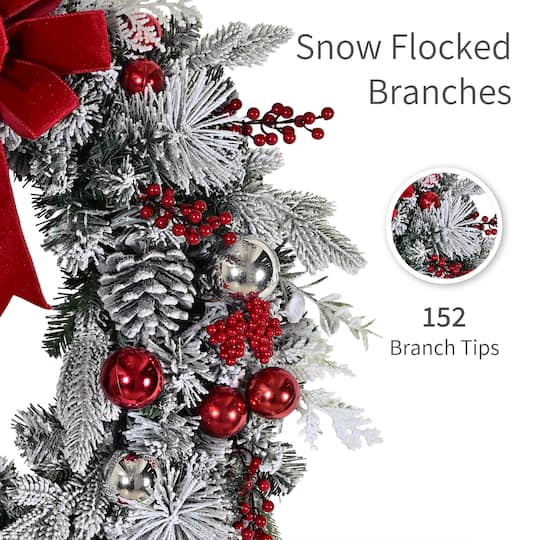 Puleo International 32" Pre-Lit Red Ornaments & Pinecones Flocked Artificial Christmas Wreath